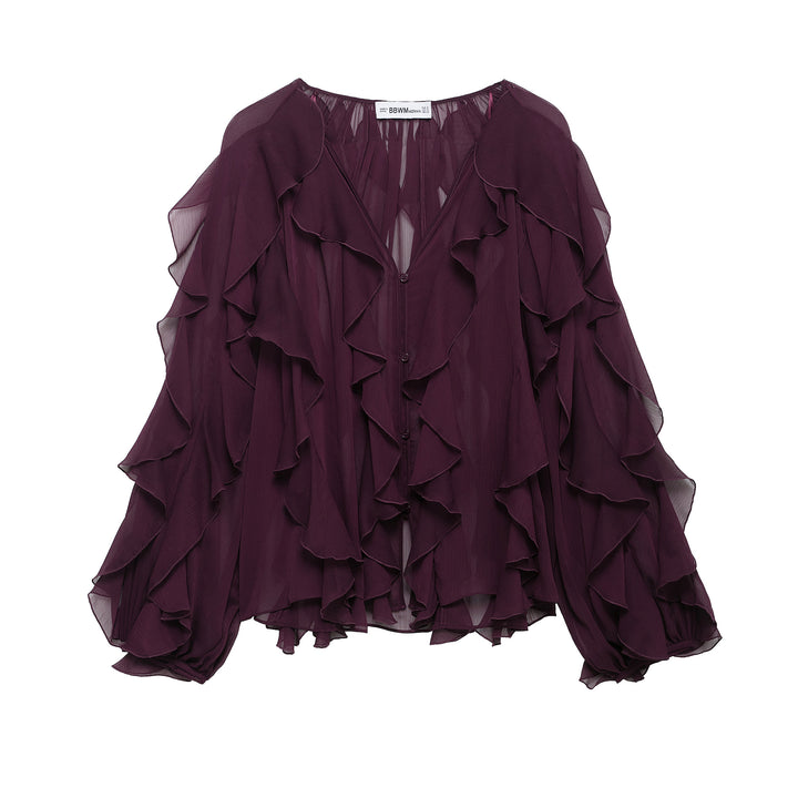 Women 200+ voluminous chiffon ruffle blouse with bat sleeves and button placket Mune Fashion