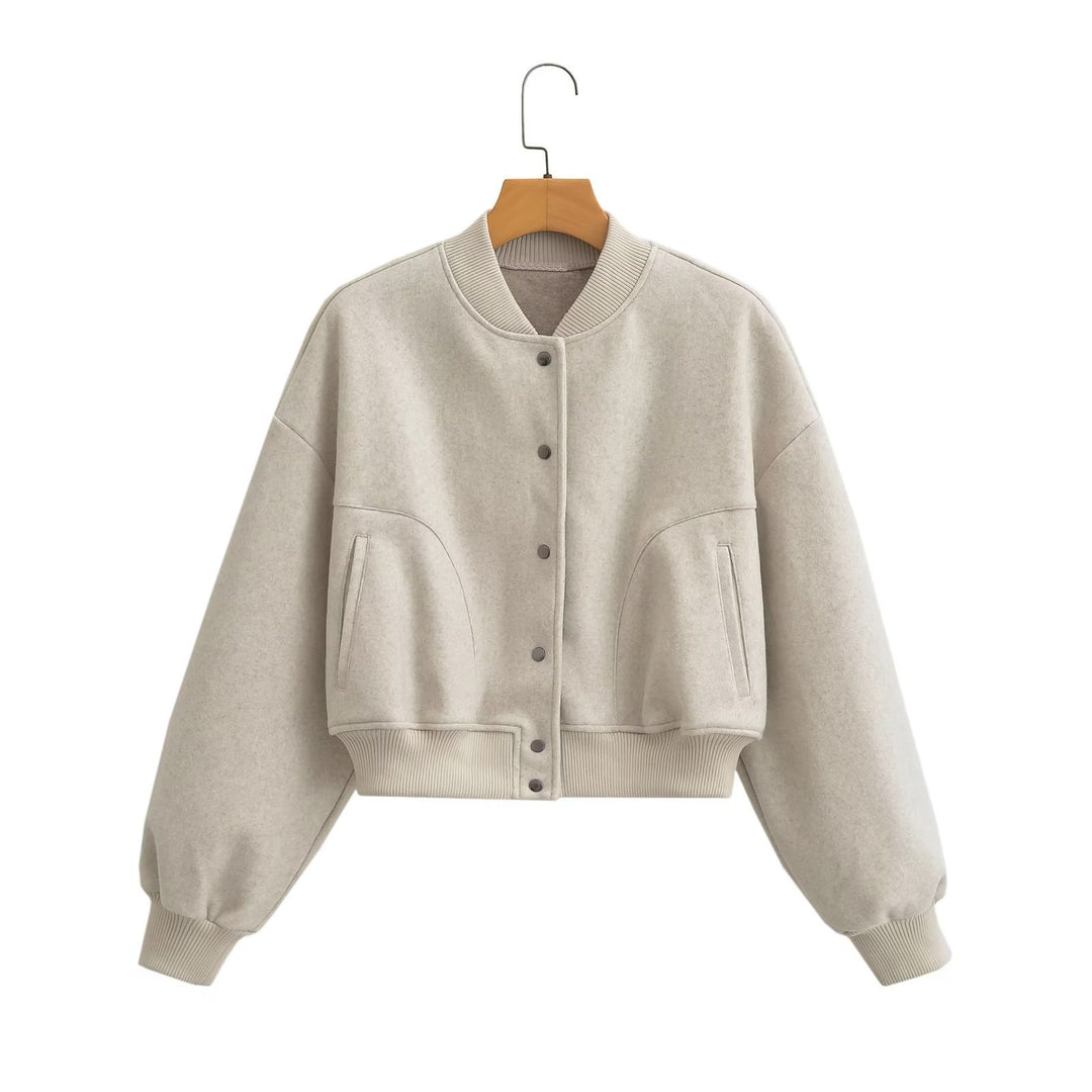 Unisex oversized wool blend bomber jacket with ribbed hem and snap button placket Mune Fashion