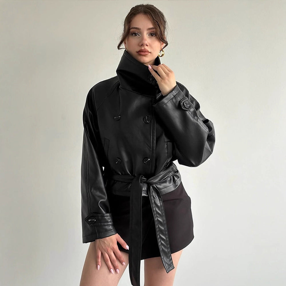 Women Tailored Short Blouson Jacket made of Imitation Leather with High Stand-up Collar and Ties Belt Mune Fashion