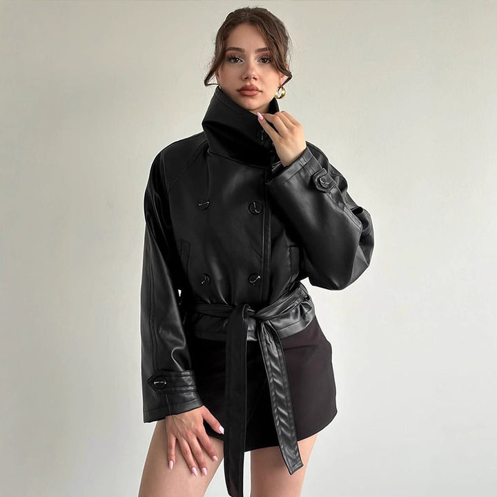 Women Tailored Short Blouson Jacket made of Imitation Leather with High Stand-up Collar and Ties Belt Mune Fashion