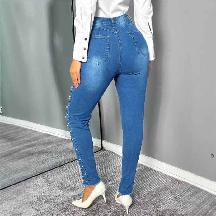 Women's shaping high-waisted skinny jeans with side pearl embellishment Mune Fashion