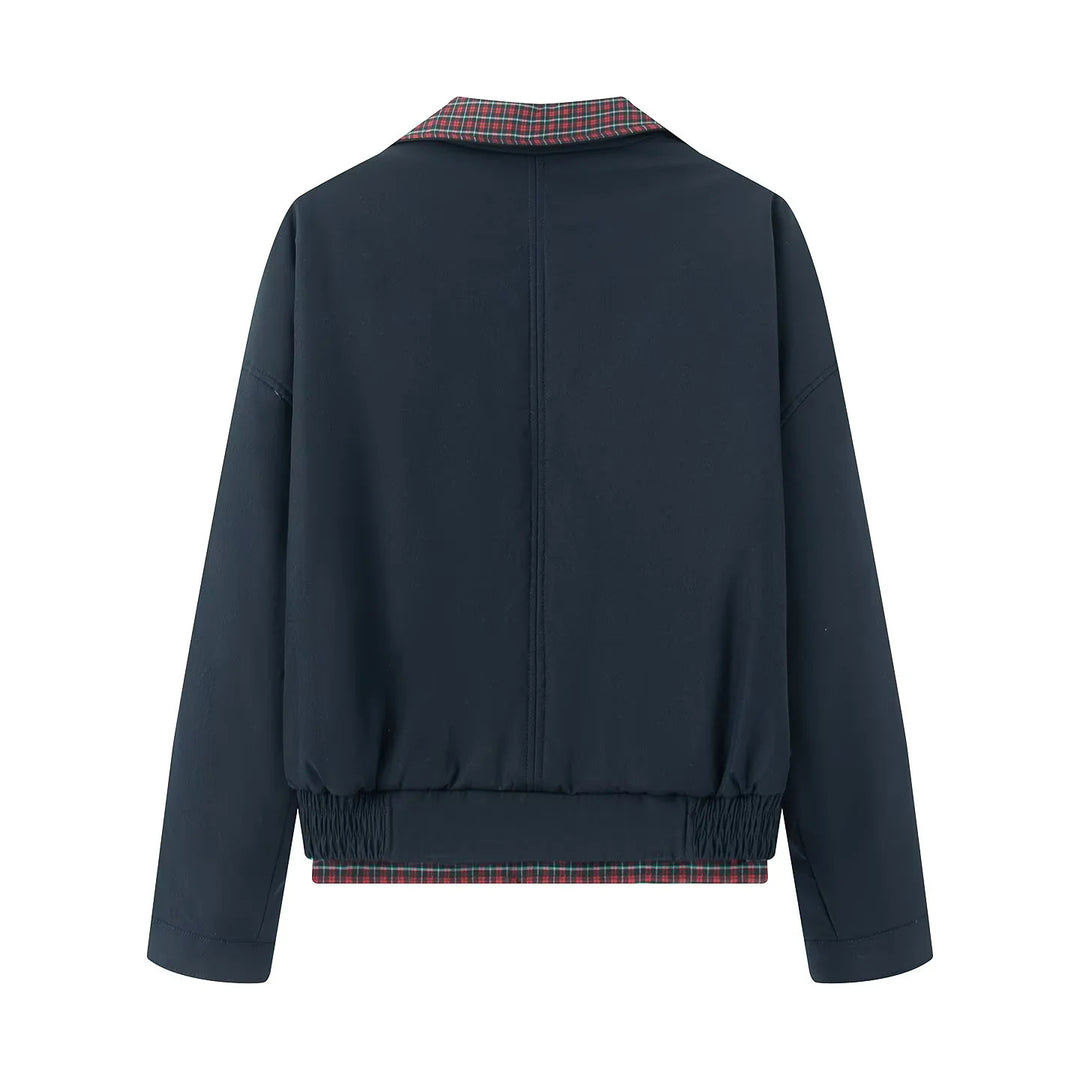 Women's short cut bomber jacket with checked lining, concealed front placket and patch pockets Mune Fashion