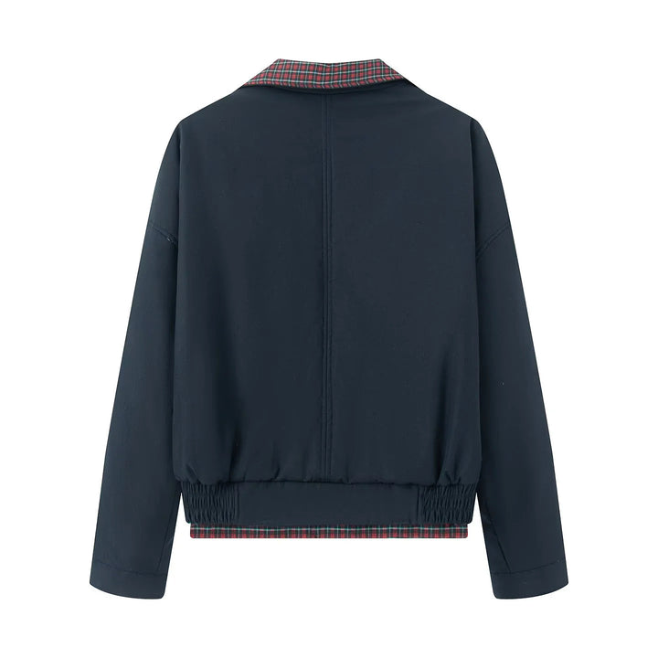 Women's short cut bomber jacket with checked lining, concealed front placket and patch pockets Mune Fashion