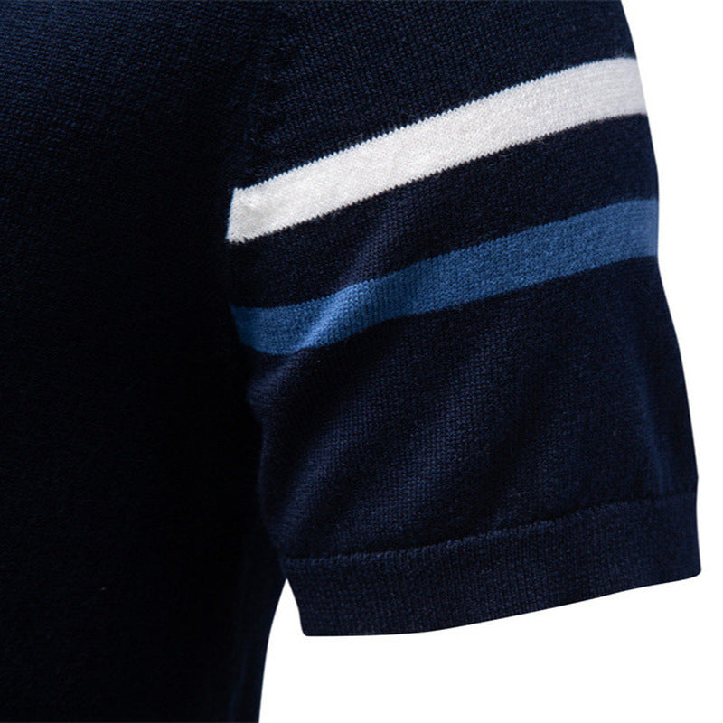 Men's fine cotton knit shirt with round neckline, short sleeves and contrasting sleeve stripes Mune Fashion