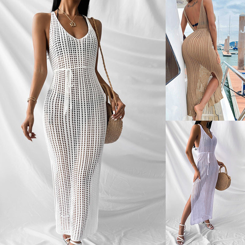 Women's crocheted maxi dress with deep V-neckline and side slit Mune Fashion