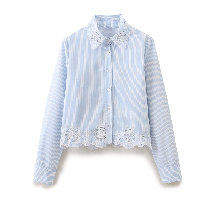 Women's Striped Short Blouse with Lace Collar and Crochet Trim Mune Fashion