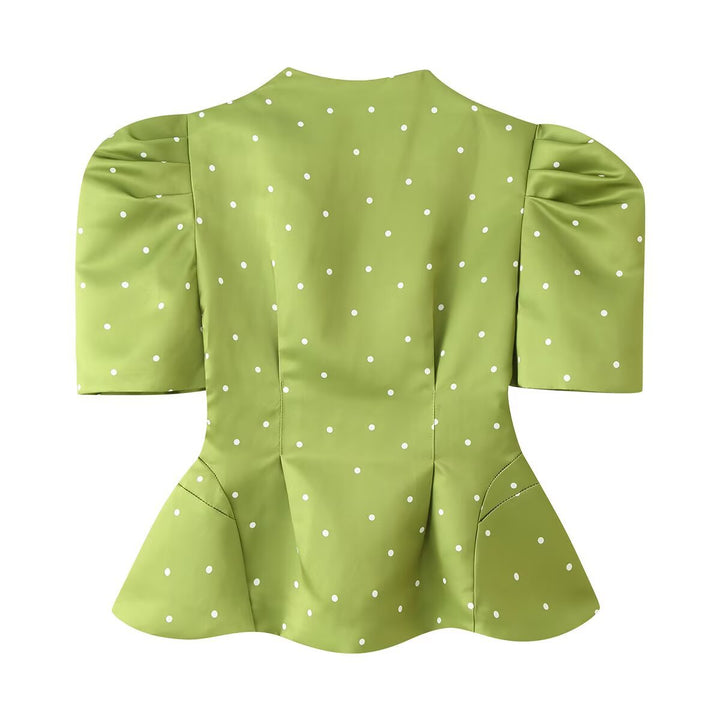 Women Tailored Satin Blouse with Puff Sleeves, Stand Collar and Polka Dot Print Mune Fashion