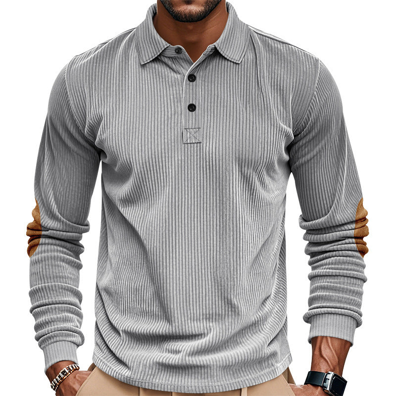 Men's heavy ribbed cotton polo sweater with Kent collar, triple button placket, and suede elbow patches Mune Fashion