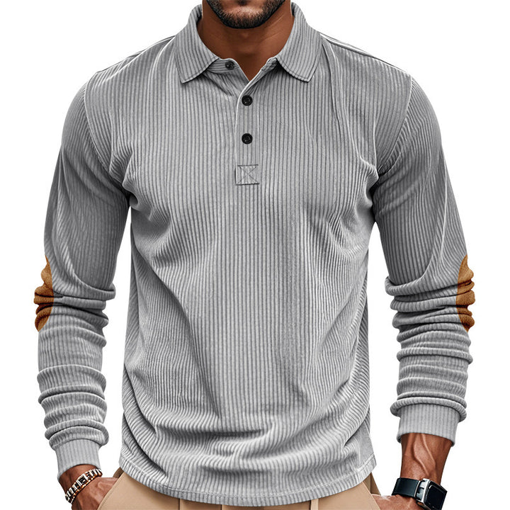 Men's heavy ribbed cotton polo sweater with Kent collar, triple button placket, and suede elbow patches Mune Fashion