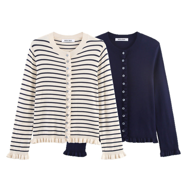 Ladies' Fine Knit Cardigan with Ruffle Trim and Pearl Buttons Mune Fashion