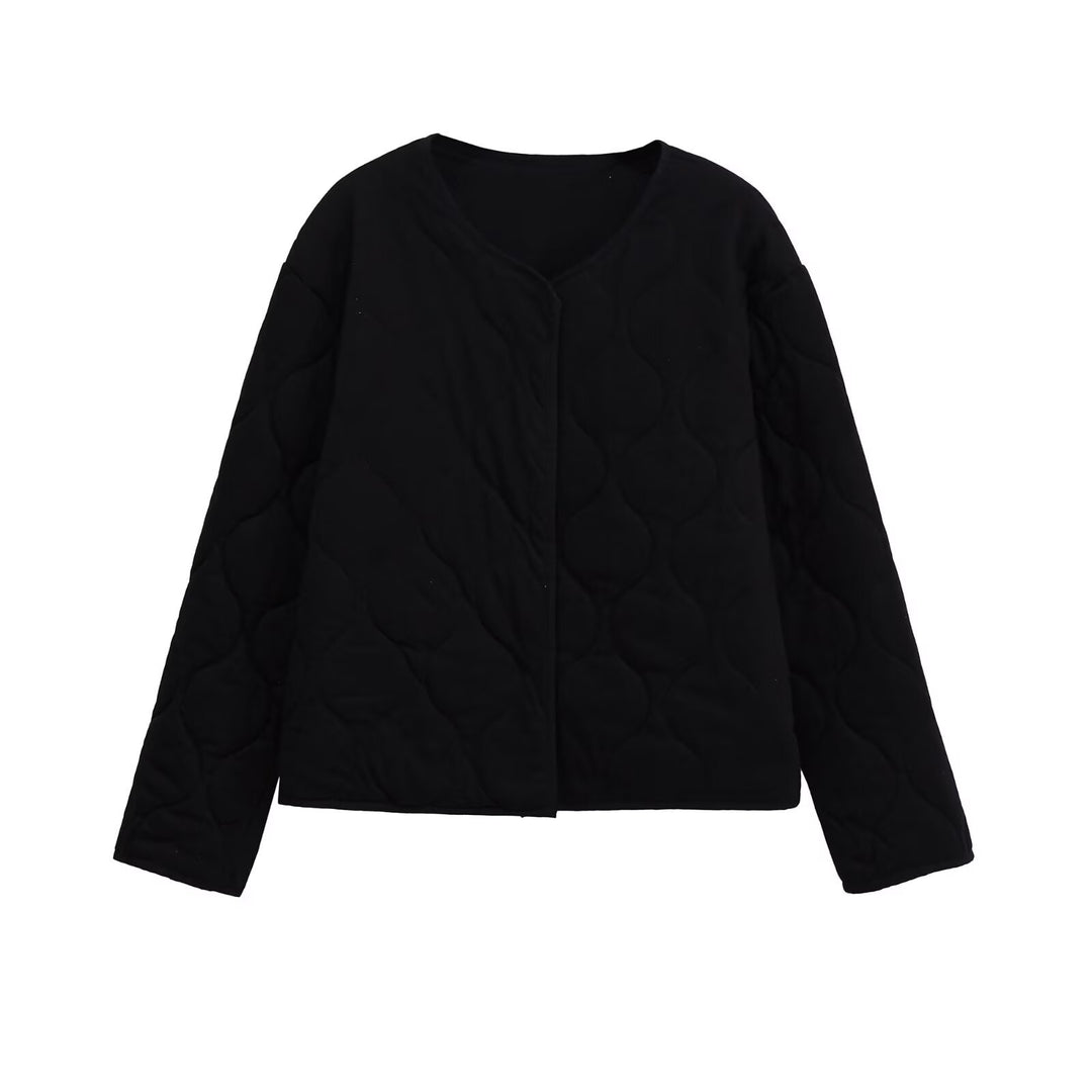 Ladies Quilted Short Jacket in Oversized Cut with Round Neck and Wave Stitching Mune Fashion