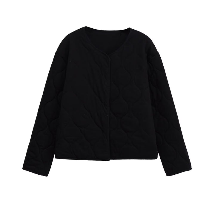 Ladies Quilted Short Jacket in Oversized Cut with Round Neck and Wave Stitching Mune Fashion