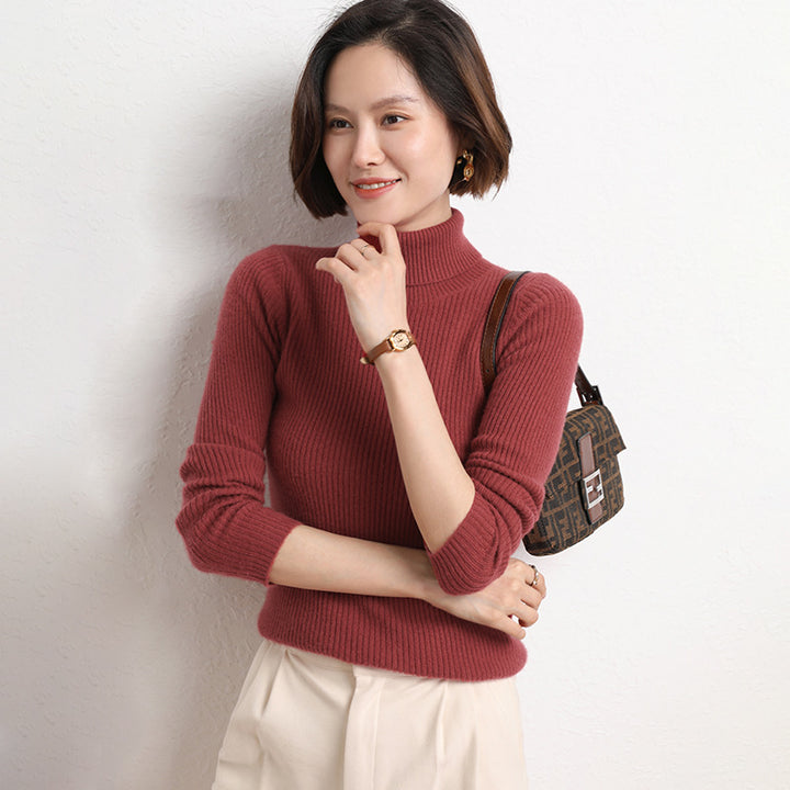 Women's Tailored Fine Knit Turtleneck Sweater with Fine Ribbed Texture and Cashmere Look Mune Fashion