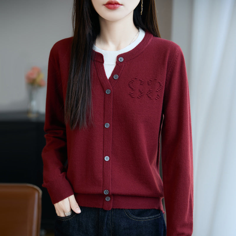 Women's Short Fine Knit Cardigan with V-slit Collar, Ribbed Trim and Subtle Structured Logo Mune Fashion