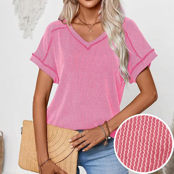Women Ribbed V-Neck Short Sleeve Fine Knit Top with Turned Up Sleeves Mune Fashion