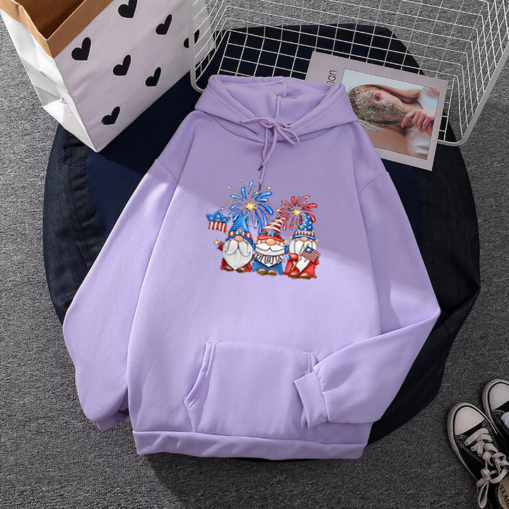 Women's hoodie with patriotic garden gnome print, brushed fleece lining, oversized cut, and kangaroo pocket Mune Fashion