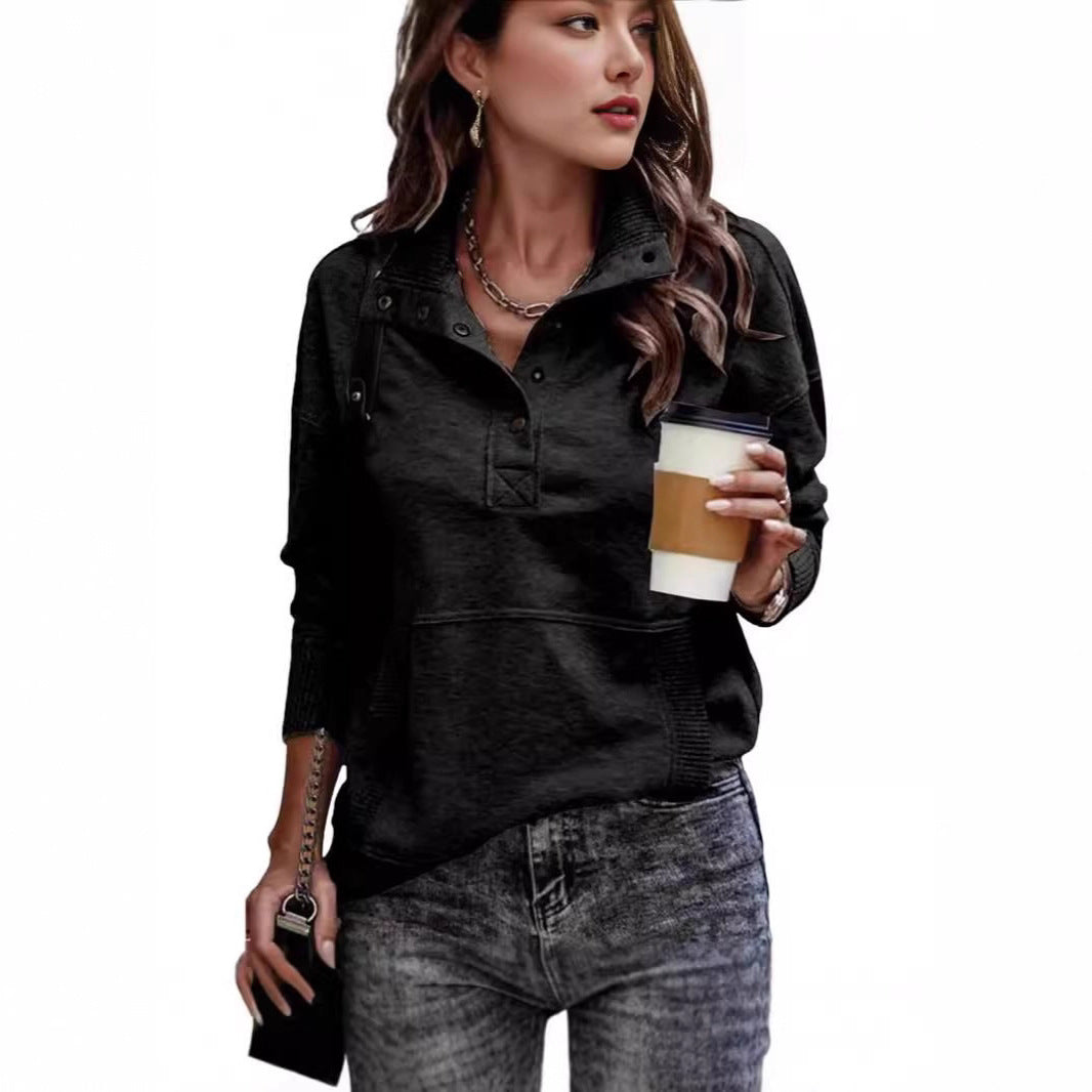 Women's sweat pullover with stand-up collar button placket and kangaroo pocket Mune Fashion