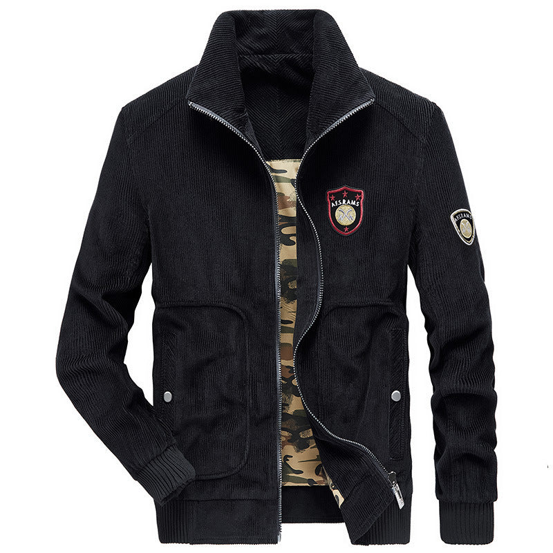 Men's cord jacket with standing collar, full zip, and badge details Mune Fashion