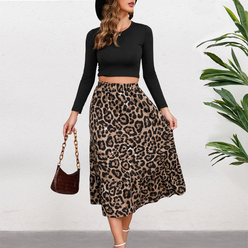 Ladies midi skirt with elastic waistband, leopard print and frill trim Mune Fashion