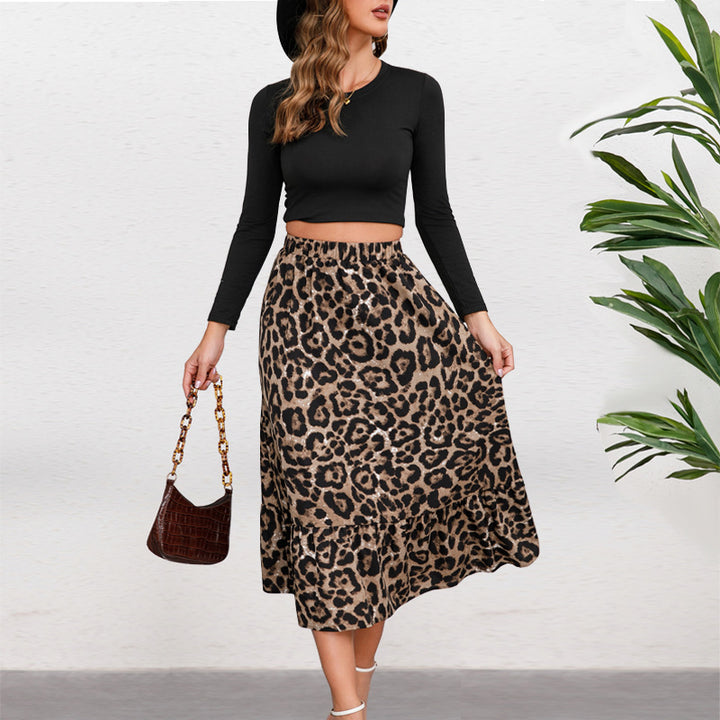 Ladies midi skirt with elastic waistband, leopard print and frill trim Mune Fashion