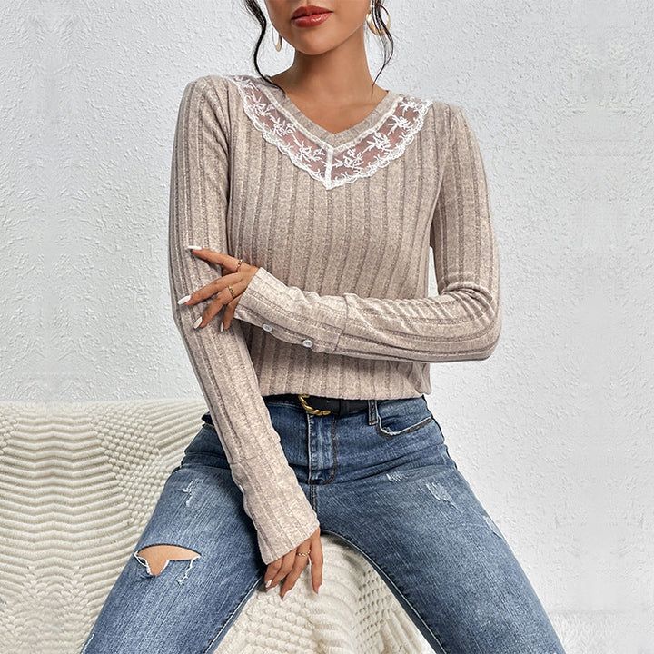 Women's Ribbed Fine Knit Long Sleeve with V-Neck and Lace Yoke Mune Fashion
