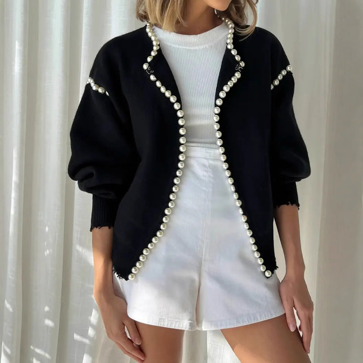 Women Pearl-Embellished Fine Knit Cardigan with Balloon Sleeves Mune Fashion