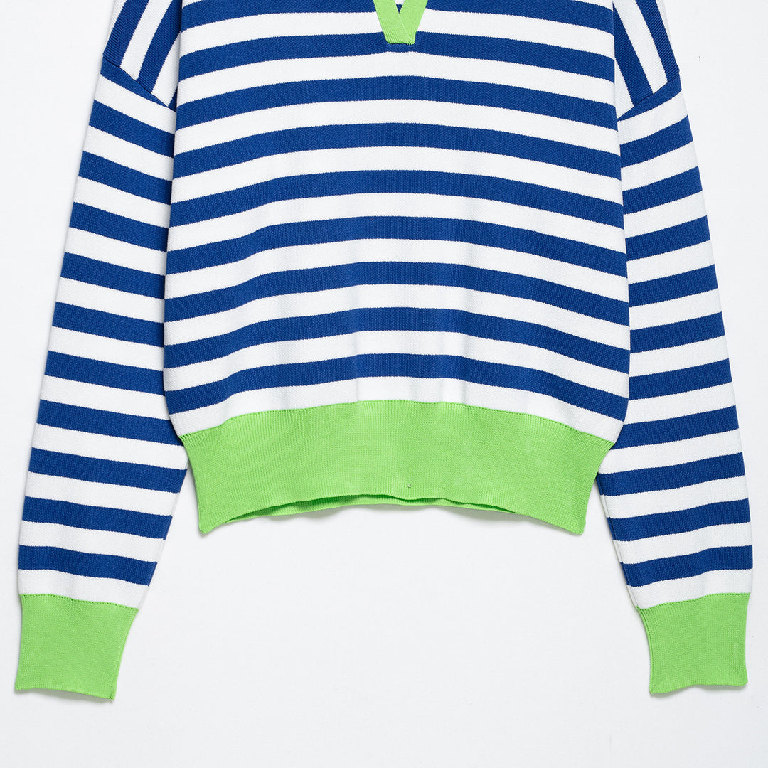Women's Striped Polo Sweater with V-Neck, Loose Body and Contrasting Cuffs Mune Fashion