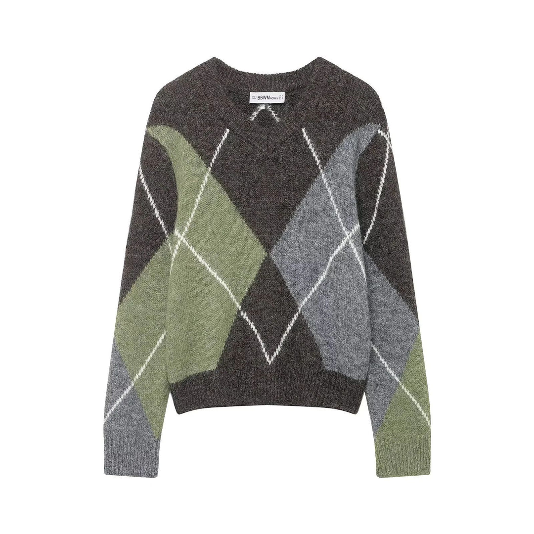 Women oversized check knit sweater with round neck, oversized fit and ribbed hem Mune Fashion