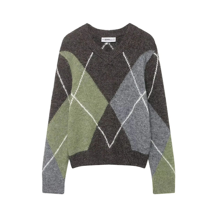 Women oversized check knit sweater with round neck, oversized fit and ribbed hem Mune Fashion