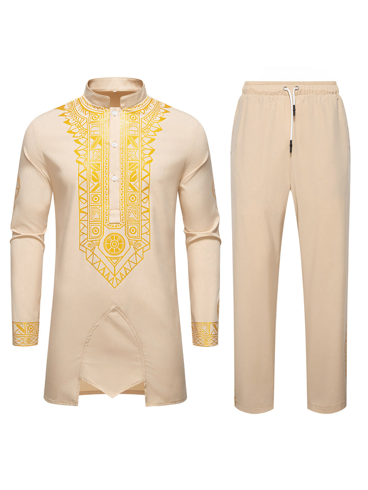Men's Traditional Long Sleeve Kurta Set with Stand Collar, Gold Ornament Print and Drawstring Pants Mune Fashion