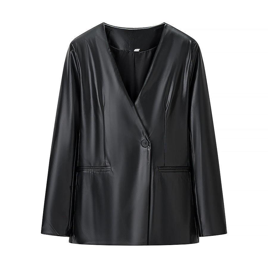 Women Fitted Blazer Jacket in Leather Look with Single Button and Contouring Darts Mune Fashion