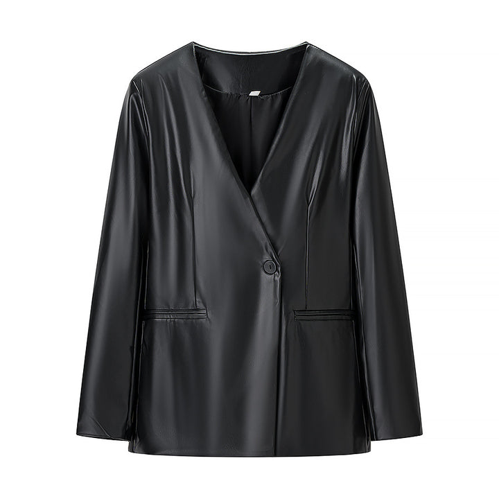 Women Fitted Blazer Jacket in Leather Look with Single Button and Contouring Darts Mune Fashion