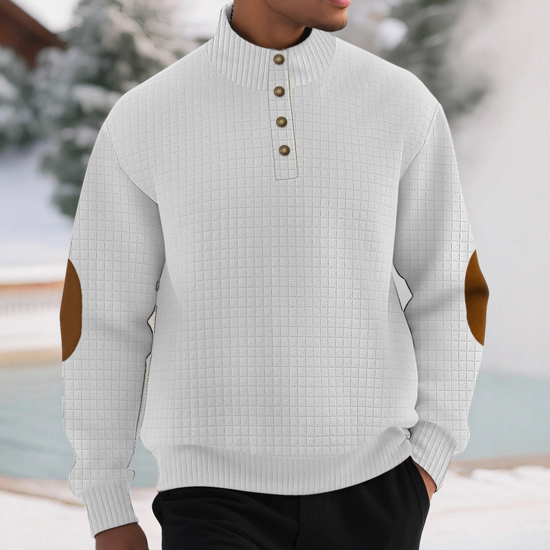 Men's plaid quilted sweatshirt with Henley placket, high stand-up collar, and velour elbow patches Mune Fashion