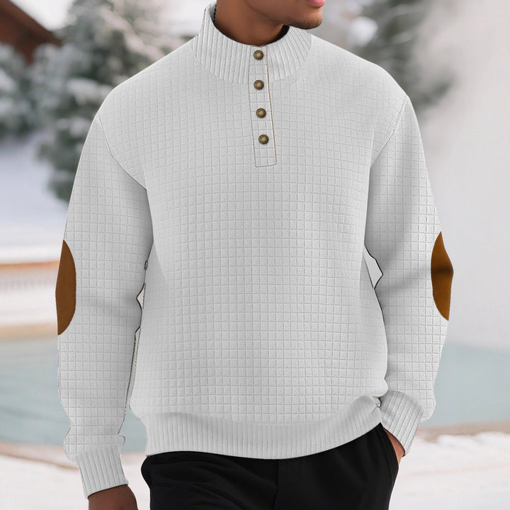 Men's plaid quilted sweatshirt with Henley placket, high stand-up collar, and velour elbow patches Mune Fashion