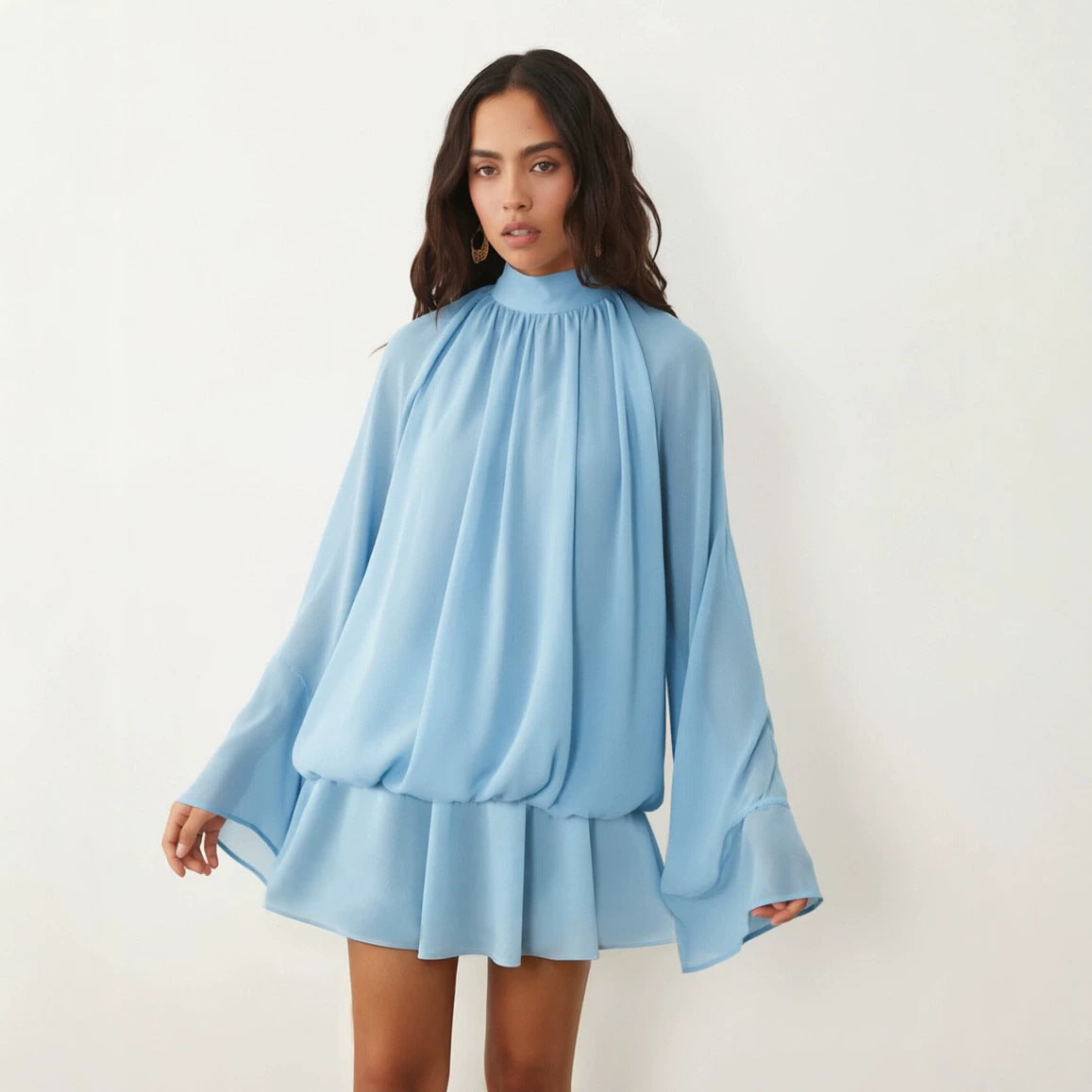 Women's chiffon mini dress with gathered blouse tunic, stand-up collar, and flounce skirt Mune Fashion