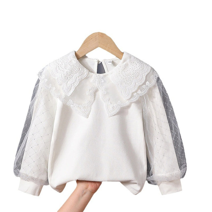Girls fashionable blouse with elegant tulle sleeves and artistic lace decoration Mune Fashion