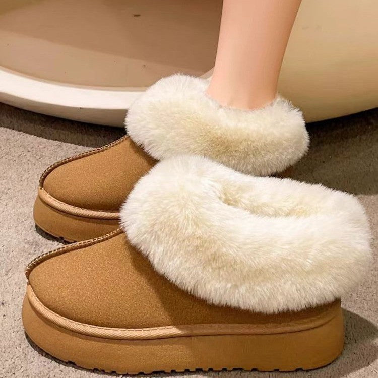 Women Padded Platform Slippers with Fur Collar and Non-Slip Profile Sole Mune Fashion