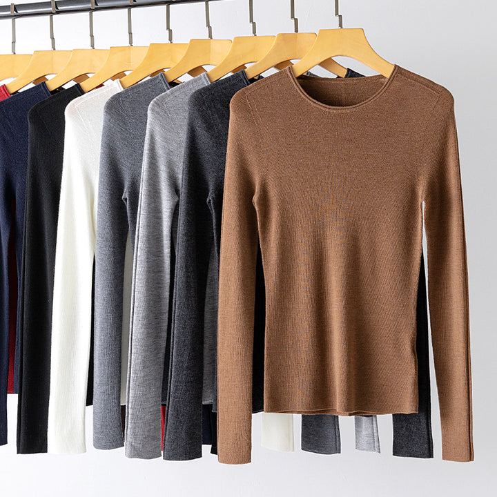 Women Fine Long Sleeve Fine Knit Sweater with Round Neck and Slim Fit Mune Fashion