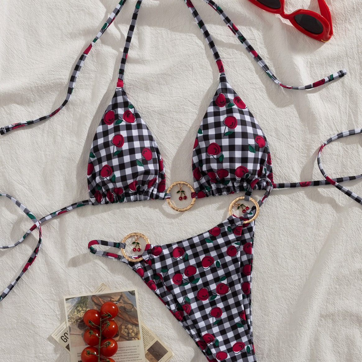 Women's triangle bikini with playful check pattern and fruity application Mune Fashion