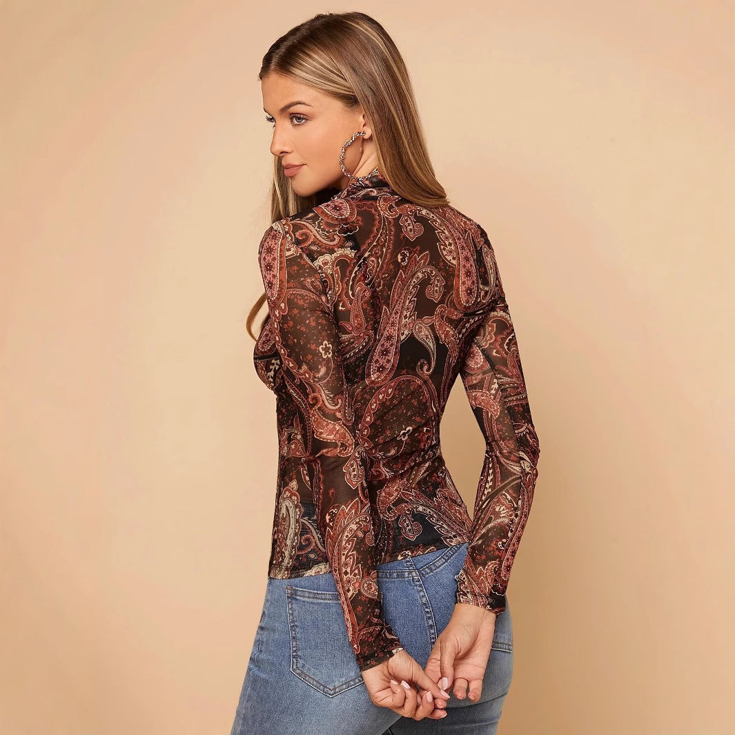 Women’s figure-hugging semi-transparent paisley mesh shirt with stand-up collar and long sleeves Mune Fashion