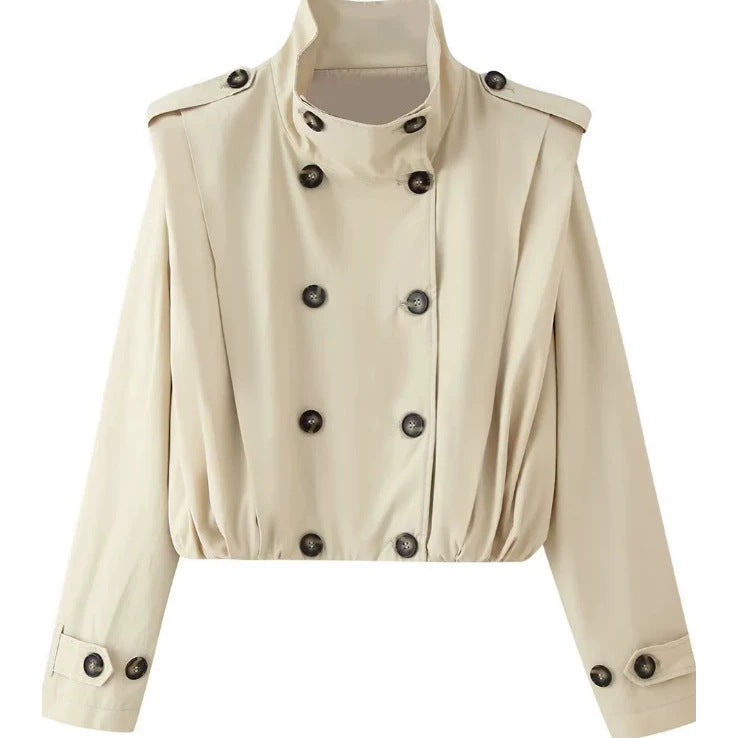 Women's Cropped Double-Breasted Trench Jacket with Stand Collar, Epaulettes, and Elastic Hem Mune Fashion