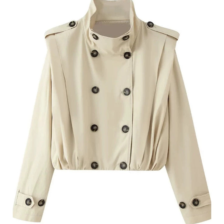 Women's Cropped Double-Breasted Trench Jacket with Stand Collar, Epaulettes, and Elastic Hem Mune Fashion