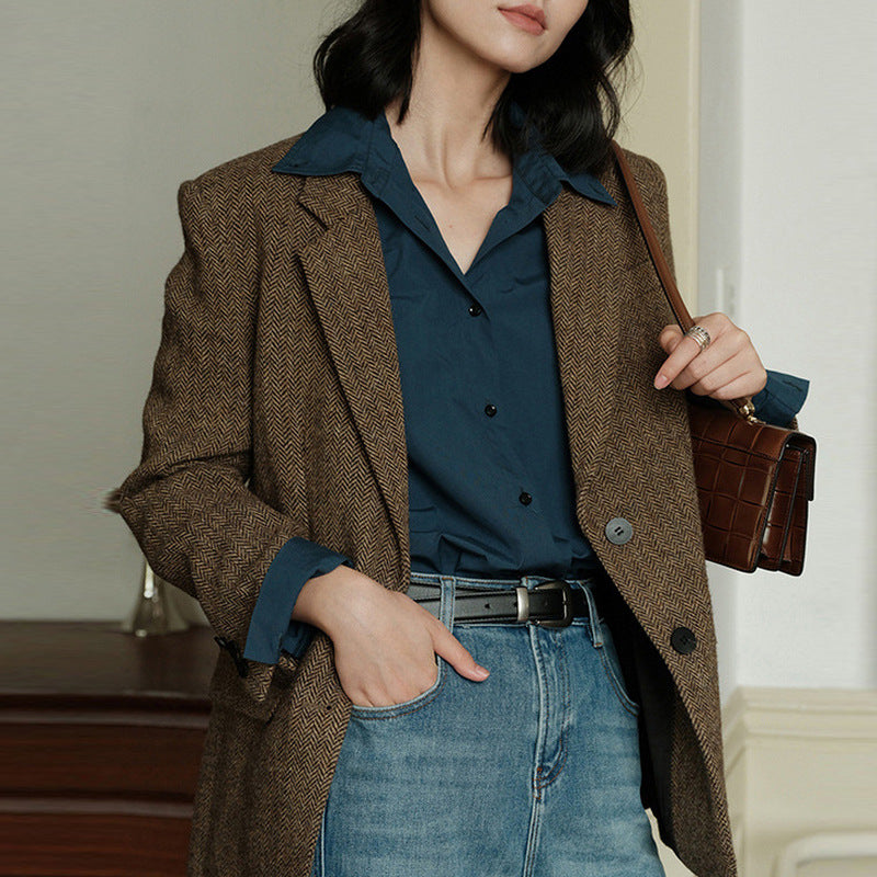 Women Elegant Herringbone Blazer Mune Fashion