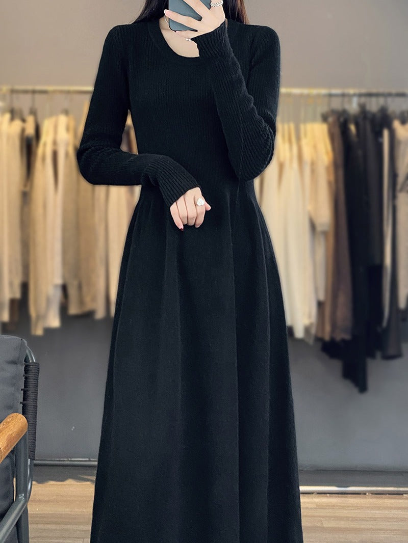Women's Long Sleeve Midi Dress Made of Fine Knit with Tailored A-Line Silhouette Mune Fashion