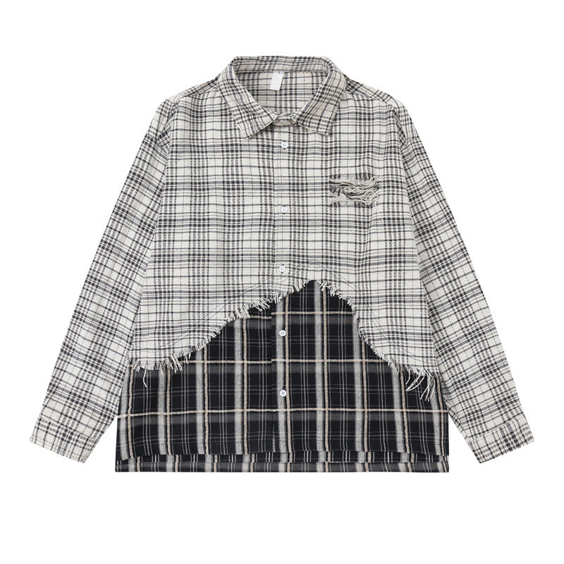 Unisex Oversized Shirt Jacket with Layered Look, Frayed Hem and Check Mix Mune Fashion