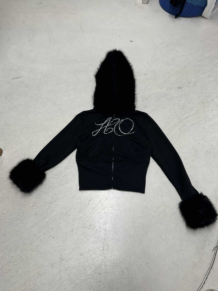 Women's short hooded jacket with faux fur trim and rhinestone decoration Mune Fashion