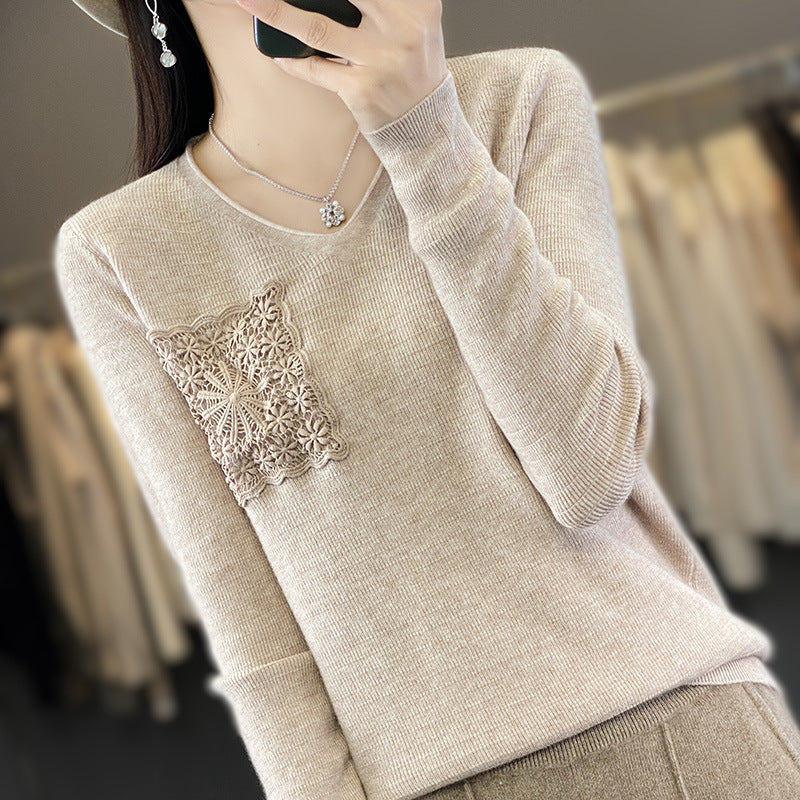 Women's Cashmere-Look V-Neck Sweater with Floral Crochet Appliqué Mune Fashion