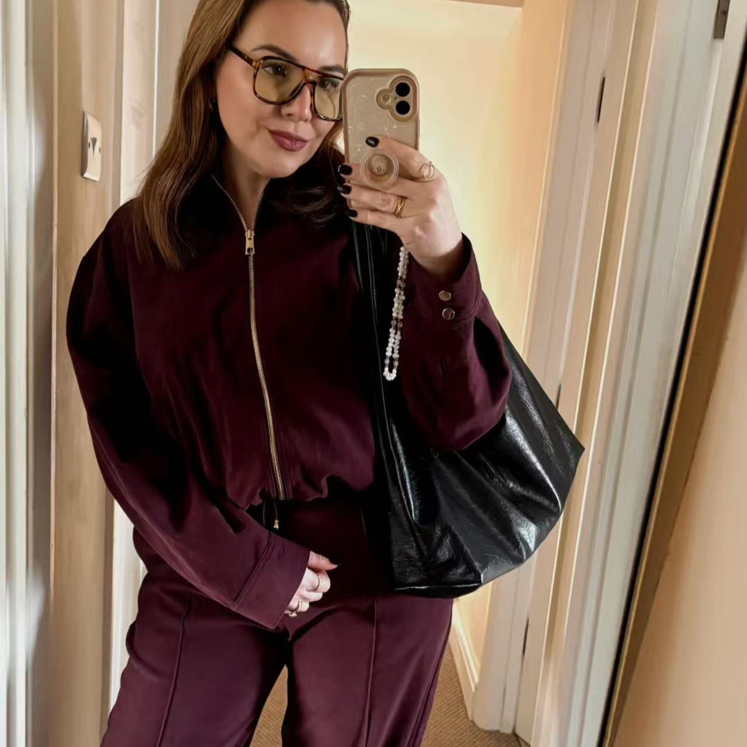 Women's Short Cut Suede-Look Bomber Jacket with Zipper Mune Fashion