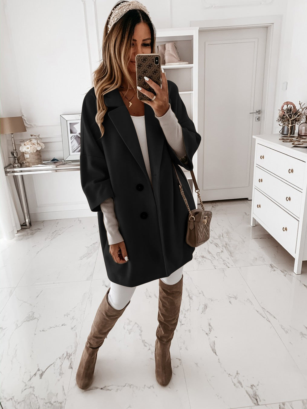 Women's nan kastiger oversized short coat with falling lapel collar and concealed side pockets Mune Fashion