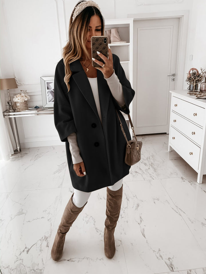 Women's nan kastiger oversized short coat with falling lapel collar and concealed side pockets Mune Fashion